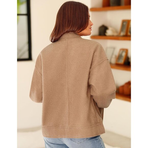 Women camel  Winter Fleece Jacket Long Sleeve Casual Button Fuzzy Sherpa Crop - Picture 5 of 5